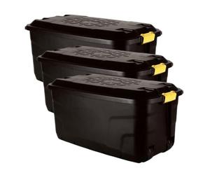 Original Organics 190L Heavy Duty Plastic Storage Box with Wheels and Lockable Lid - Black, Extra Large Mobile Storage Trunk for Garden, Garage and Home Equipment Storage, Set of 3