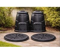 Original Organics 2 Pack 220L Black Recycled Plastic Garden Composter Bins With Base Plates, Front Hatch & Windproof Lids