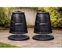 Original Organics 2 Pack 330L Black Recycled Plastic Garden Composter Bins With Base Plates, Front Hatch & Windproof Lids