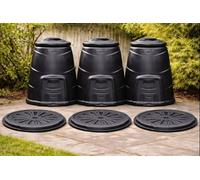 Original Organics 3 Pack 220L Black Recycled Plastic Garden Composter Bins With Base Plates, Front Hatch & Windproof Lids