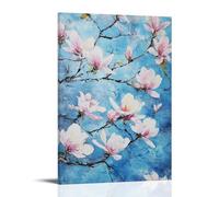 Original Painting Wall Art, Blue Floral Magnolia Botanical Impressionist Hanging Paintings Poster Nature Canvas Decor Suitable for Living Room Bedroom Office En 20x30inch(50x75cm)