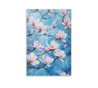Original Painting Wall Art, Blue Floral Magnolia Botanical Impressionist Hanging Paintings Poster Nature Canvas Decor Suitable for Living Room Bedroom Office En 20x30inch(50x75cm)