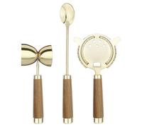 Final Touch 3 Piece Brass Cocktail Mixing Making Tools Set Includes Strainer, Spoon & Double Jigger Brass Plated 304 Grade Stainless Steel with Wooden Handles FTA2100