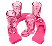 Final Touch Horseshoe Boot Shot Glass Set - 4X 1oz Pink Cowgirl Boot Glasses with Horseshoe-Shaped Serving Tray - Western Design, Non-Slip Feet - Ideal for Whiskey, Tequila, Bourbon Shots (GG5027)