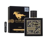Original Qaed Al Fursan Perfume 90 ml, Long Lasting Arabic Perfume, Eau da Parfum Imported from Dubai, Includes 5ML Refillable Atomizer, Woody and Sophisticated Scent (Black)