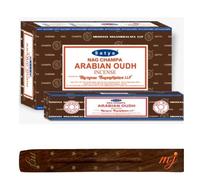 Original Satya Nag Champa Arabian Oudh Incense Sticks | with M&J incense sticks holder | Full Box | for Aromatherapy, Spa, Yoga, Weddings, Meditation, Healing, Positivity and Relaxation