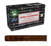 Original Satya Nag Champa Aura Cleansing Incense Sticks | with M&J incense sticks holder | Full Box | for Aromatherapy, Spa, Yoga, Weddings, Meditation, Healing, Positivity and Relaxation