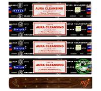 Original Satya Nag Champa Aura Cleansing Incense Sticks | with M&J incense sticks holder | x4 pack | for Aromatherapy, Spa, Yoga, Weddings, Meditation, Healing, Positivity and Relaxation