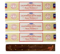 Original Satya Nag Champa Californian White Sage Incense Sticks | with M&J incense sticks holder | x4 pack | for Aromatherapy, Spa, Yoga, Weddings, Meditation, Healing, Positivity and Relaxation
