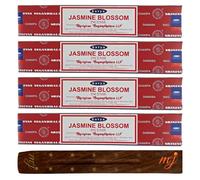 Original Satya Nag Champa Jasmine Blossom Incense Sticks | with M&J incense sticks holder | x4 pack | for Aromatherapy, Spa, Yoga, Weddings, Meditation, Healing, Positivity and Relaxation