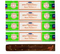 Original Satya Nag Champa Spicy Patchouli Incense Sticks | with M&J incense sticks holder | x4 pack | for Aromatherapy, Spa, Yoga, Weddings, Meditation, Healing, Positivity and Relaxation