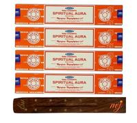 Original Satya Nag Champa Spiritual Aura Incense Sticks | with M&J incense sticks holder | x4 pack | for Aromatherapy, Spa, Yoga, Weddings, Meditation, Healing, Positivity and Relaxation