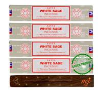 Original Satya Nag Champa White Sage Incense Sticks | with M&J incense sticks holder | x4 pack | for Aromatherapy, Spa, Yoga, Weddings, Meditation, Healing, Positivity and Relaxation
