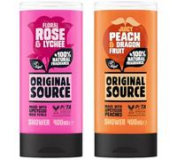 Original Source Shower Gel Bundle Gift Set 2 x 400ml Juicy Peach & Dragon Fruit and Floral Rose & Lychee 100% Natural Fragrance Vegan Body Wash Moisturising Skin Care Gift Set UK