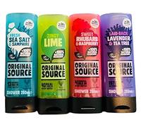 ORIGINAL SOURCE SHOWER GEL SET 4X250ML NEW FRAGRANCE FRESH SEA SALT & SAMPHIRE, ZINGY LIME, SWEET RHUBARB & RASPBERRY, LAID-BACK LAVENDER & TEA TREE BODY WASH TREE, COMBO PACK