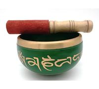 Original Tibetan Singing Bowl Om Mani Handmade Solid Brass 500 g 11.5 cm Hand-Painted Green Gold with Beater
