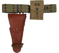 Original WWII M1936 Webbing Canvas Pistol Belt Set for M1911 Colt .45 Pistol with Leather Holster & .45 Cal Magazine Pouch - US Army Military Gear Vintage Reproduction OD Green Right Hand (Tan)