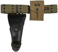Original WWII M1936 Webbing Canvas Pistol Belt Set for M1911 Colt .45 Pistol with Leather Holster & .45 Cal Magazine Pouch - US Army Military Gear Vintage Reproduction OD Green Right Hand (Black)
