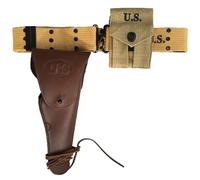 Original WWII M1936 Webbing Canvas Pistol Belt with M1911 Colt Holster and .45 Colt Magazine Pouch (Dark Brown)
