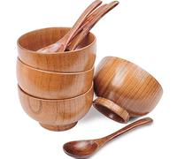 Originalidad Handmade Wood Bowls, Jujube Wooden Japanese Bowl with Matching Spoon for Rice, Soup, Dip, Salad, Tea, Decoration 4 Sets (4 Bowls 3.8 IN + 4 Spoons)