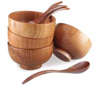 Originalidad Handmade Wood Bowls, Jujube Wooden Japanese Bowls with Matching Spoon for Rice, Soup, Dip, Salad, Tea, Decoration 4 Sets (4 Bowls 4.6 IN + 4 Spoons)