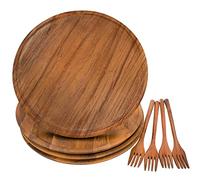 Originalidad Wooden Plates, Wood Dinner Plates with Forks, Reusable Handmade Natural Wood Flatware Set for Cooking, Eating, Housewarming(Set of 4, Large 11" x 11")