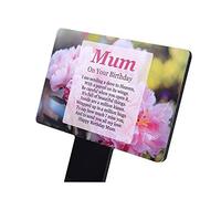 OriginDesigned 'Mum on Your Birthday' Memorial - Sublimated Aluminium Memorial Plaque, Mounted onto 5mm Thick Black Acrylic Stake, for Outdoor Use - 142mm x 242mm