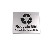 OriginDesigned Recycle Bin Sign ¦ Recyclable Items Only ¦ Self Adhesive Eco Signs ¦ Waterproof Sticker ¦ Metallic Silver with Universal Icon Symbol and Text