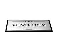 OriginDesigned Shower Room Door Sign, Adhesive Plaque, Stylish Metallic Silver and Black - Acrylic (Size 19.5cm x 7.6cm) supplied with adhesive strips