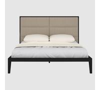 orillia wooden double bed with beige fabric headboard in wenge