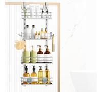 Orimade Adjustable Hanging Over the Shower Door Caddy,Bathroom Organizer Shelf Storage with 4 Hooks for Razor,No Drilling Rustproof Shower Rack Basket, 4 Tier, Silver