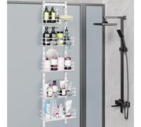 Orimade Over the Door Shower Caddy Adjustable 5 Tier Black,Bathroom Hanging Organizer Shelf Rustproof with 4 Hooks,Shower Basket with Soap Holder and Suction Cup, White