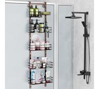 Orimade Over the Door Shower Caddy Adjustable 5 Tier Bronze,Bathroom Hanging Organizer Shelf Rustproof with 4 Hooks,Shower Basket with Soap Holder and Suction Cup