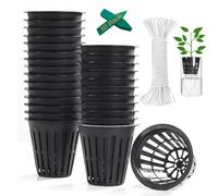 ORIMERC 30 Pack 2 inch Net Cup Pots with 12 feet Hydroponic Self Watering Wick & 12 Plant Labels Aquaponics Bucket Insert Kratky Vegetable Gardening Growing Netted Baskets Slotted Mesh Round Black
