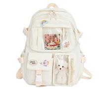 XIANXIAN Kawaii Backpack with Pendant, Large Capacity Cute Bear Accessories Backpack for School Multi Pocket Rucksack for Teen Girls Cute Kawaii School Backpacks, Beige, 40CMx30CMx11CM