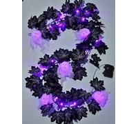 Orindnely Black Maple Garland Halloween Decor Purple Lights Artificial Maple Wreaths for Party Wall Fireplace Outdoor Indoor Yard Parties Haunted House Decoration (Skeleton Maple Garland)