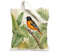 Oriole Bird Canvas Tote Bag for Shopping 13 * 15, Tropical Plant Botanical Leaf Reusable Grocery Bag for Women, Monstera Travel Pattern Gift Decoration