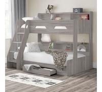 Orion Grey Oak Wooden Storage Triple Sleeper Bunk Bed Frame - 3Ft Single Top And 4Ft Small Double Bottom