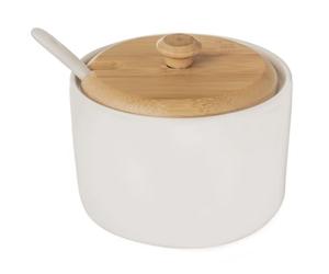 orion group Porcelain Sugar Bowl with Lid and Spoon, Height 6.5 cm, White Porcelain and Bamboo Wood, Suit for Coffee Bar, Ecological Sugar Container