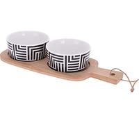 OrionMart Porcelain Dip Bowls with Bamboo Serving Tray | Black & White Dipping Bowls -Small Serving Bowls for Condiments Salads Dessert Dips Finger Foods
