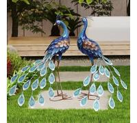 Oritty 29 Inch Metal Blue Peacock Garden Decor, Peacock Statues Yard Decorations Outdoor, Garden Art for Patio Yard Lawn Home Backyard Decorations, Set of 2