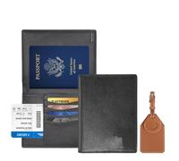 oriver Passport Holder with AirTag Holder, RFID Blocking Leather Passport Wallet for Travel, Bifold Passport Cover with Credit Card Holder (Black with Luggage)