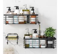 Oriware Adhesive Shower Caddy Basket with Hooks Soap Dish Holder Shelf for Shampoo Conditioner Bathroom Storage Organizer Wall Mounted No Drilling SUS304 Stainless Steel - 3 Pack (Black)