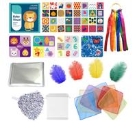 Orizizhic 28 Pcs Kid Sensory Set, Newborn Sensory Toys for Kider with Foil Blanket Sensory Crinkle Papers Rainbow Ribbon Loop Feathers Cheerleading Pom Poms for Kids Autism ADHD