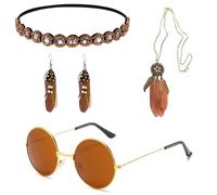Orizizhic 4 Pcs 70s Accessories for Women, Hippie Accessories Set 70s Headband Shiny Sunglasses Earrings Set 60s Fancy Dress Hippie Costume Women for Ladies Dress Up Retro Party Cosplay Carnival