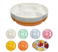 Orizizhic 6PcsColorful Snack Tray, Serving Plate with 5 Compartments 22.6CM Reusable Snack for Plate Party Food Desserts Fruits Nuts Candies Round Plastic Compartment Tray (6 Colours)