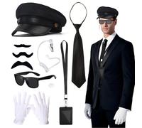 Orizizhic 9 Pcs Chauffeur Costume Accessories Set Include Black Hat Sunglasses White Gloves Necktie Earpiece ID Badge for Womens Mens 1920s Halloween Costume Cosplay Theme Party