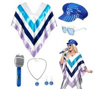 Orizizhic Fancy Dress Set for Women, 6 Pcs 70s Disco Costume Set Accessories with Abba Poncho Beret Hat Earrings Glasses Necklace Microphone 1970s Dress Kit for Adults 1970s Theme Party Birthday