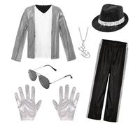 Orizizhic King of Pop Rocker Star Costume for Kids, 80s 90s Pop Star Cosplay with Sequin Jacket Striped Pants Hat Gloves Glasses Necklace for Stage Party Halloween Costume Carnival