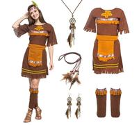 Orizizhic Pack of 6 Indian Costume Women, Halloween Indian Set with Dresses Headband Necklaces Earrings Leg Dress Belt, Men and Women Indian Costume Set for Carnival Theme Party Halloween